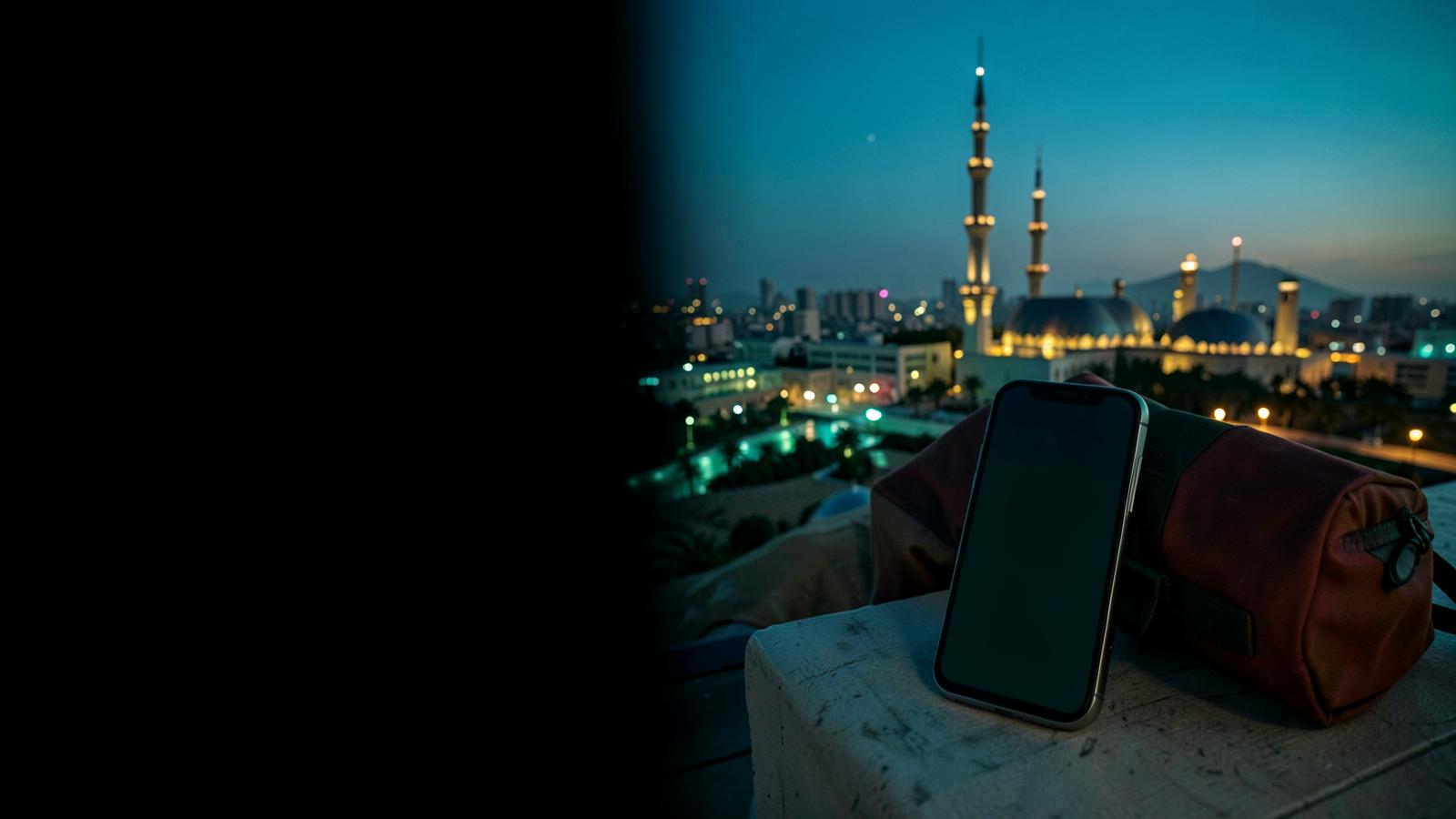 An unbranded smartphone overlooking Madinah at blue hour