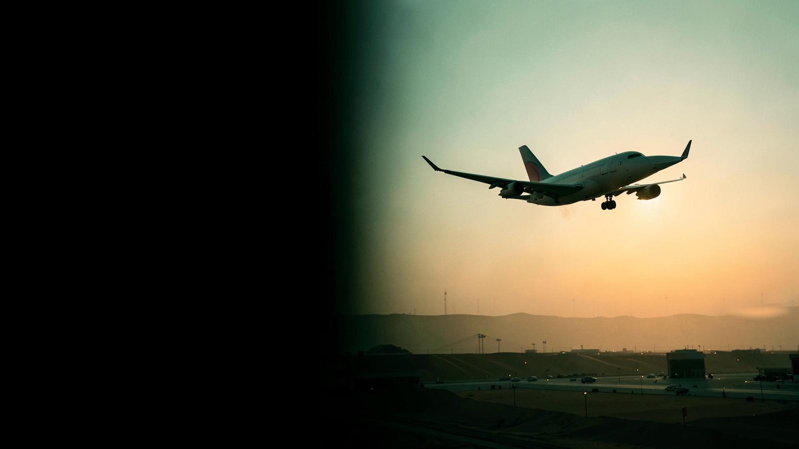 An unbranded aircraft flying above a Saudi airport at sunrise
