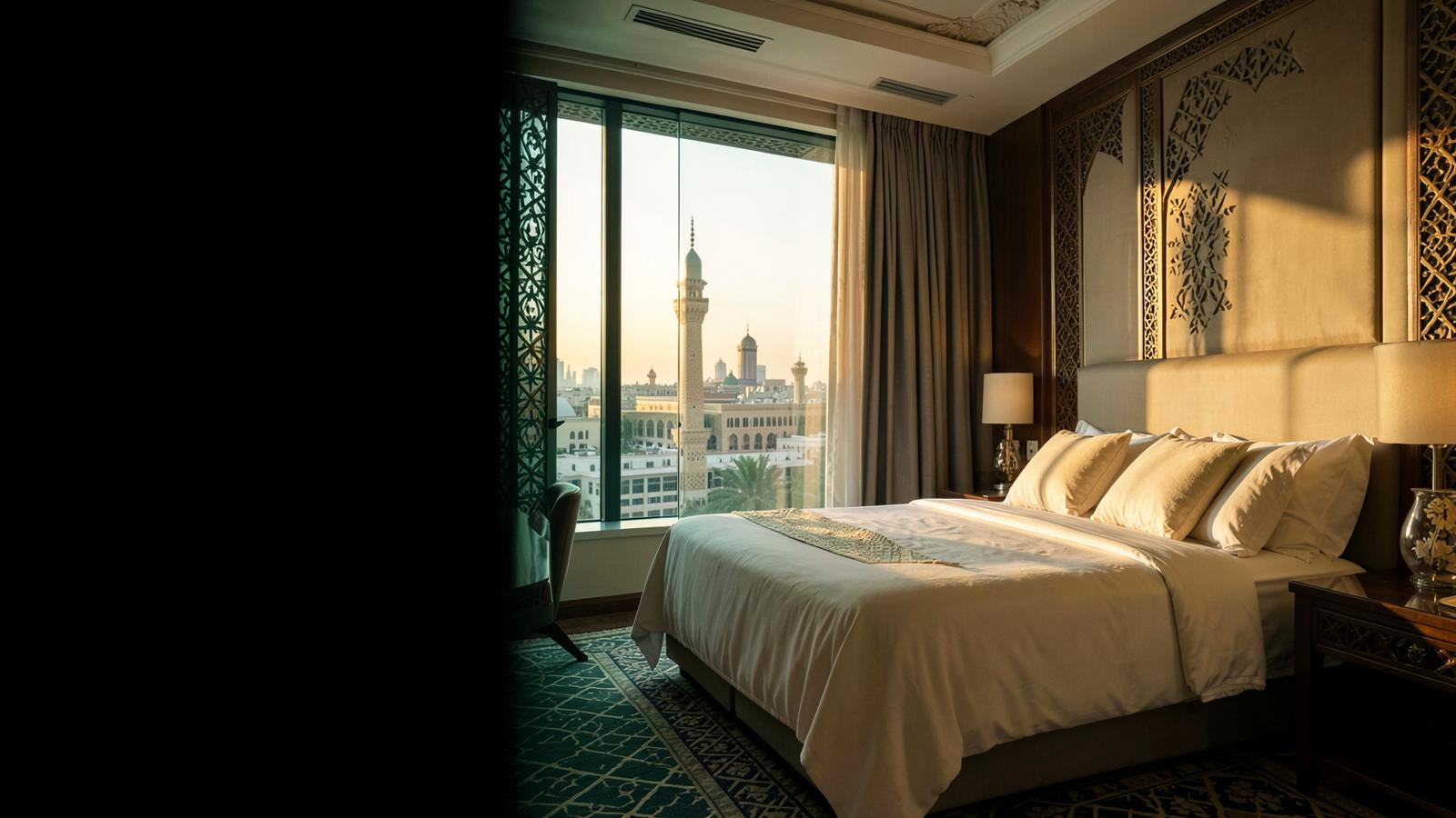 A calm hotel room overlooking a city at dawn