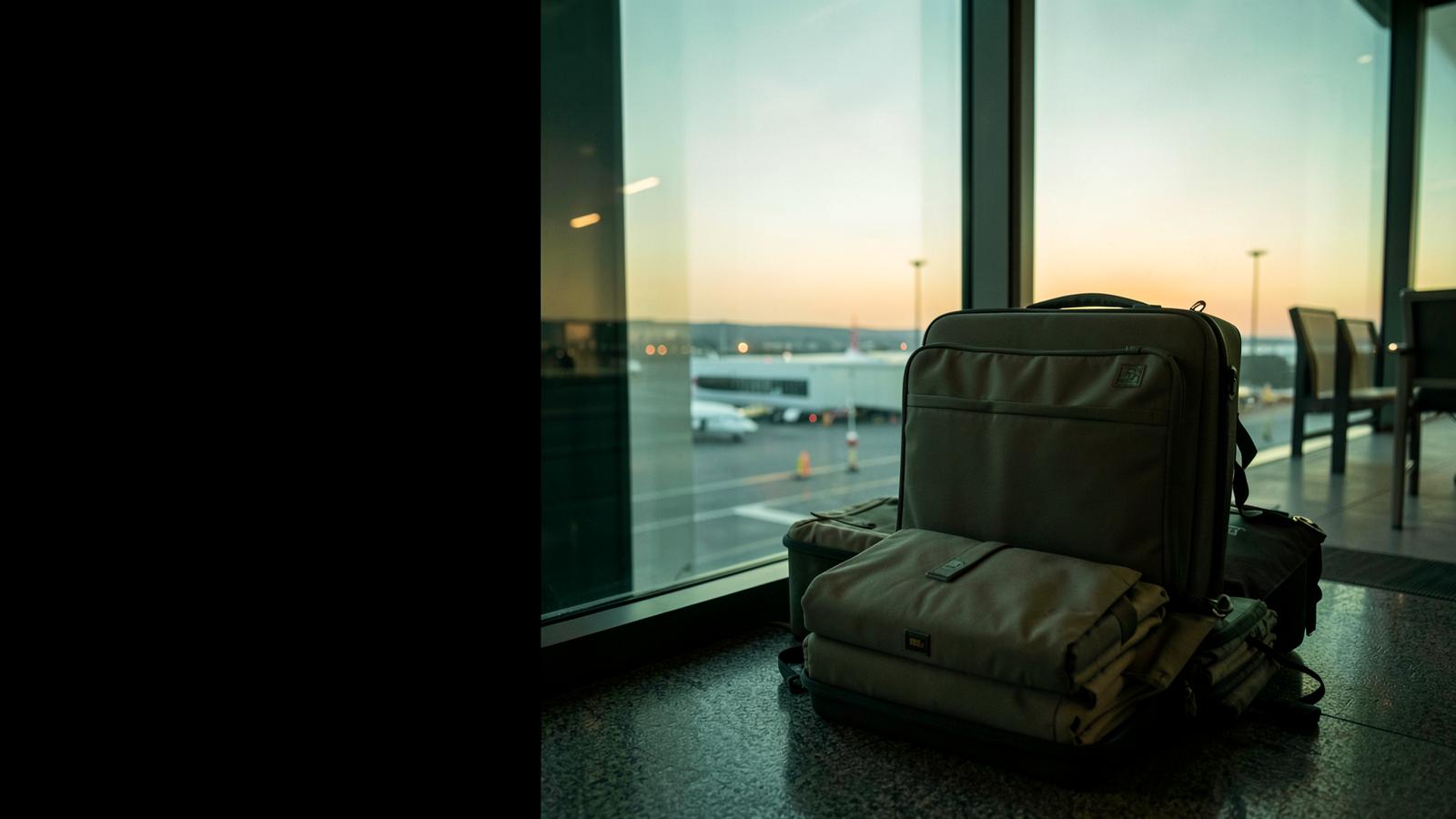 Packed travel luggage beside a quiet airport window